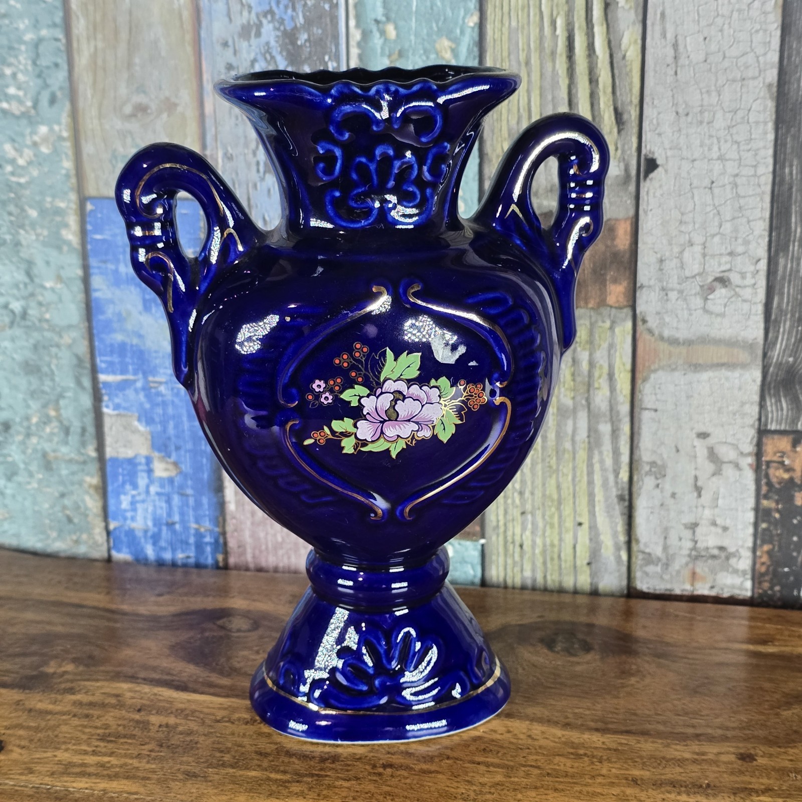 Vintage Oriental Cobalt Blue Gold Trim Porcelain Vase Collectable Replacement