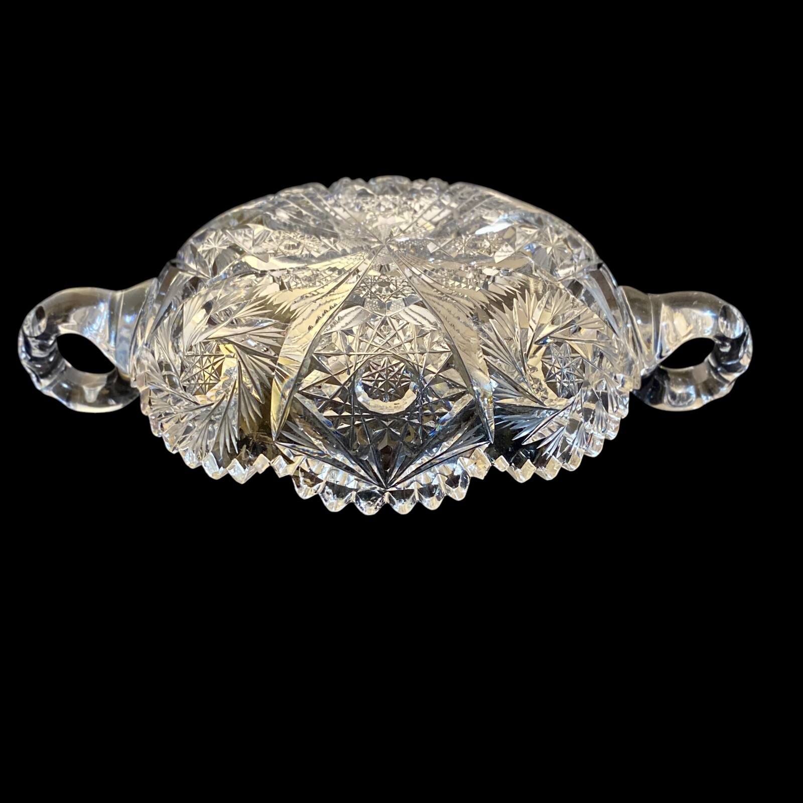 American Brilliant Period Double Handled Trinket Dish Cut Glass Antique READ