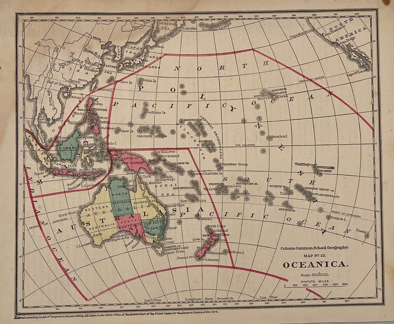 Antique Original 1872 Colton Map of Oceanica Australia Sandwich Islands Pacific