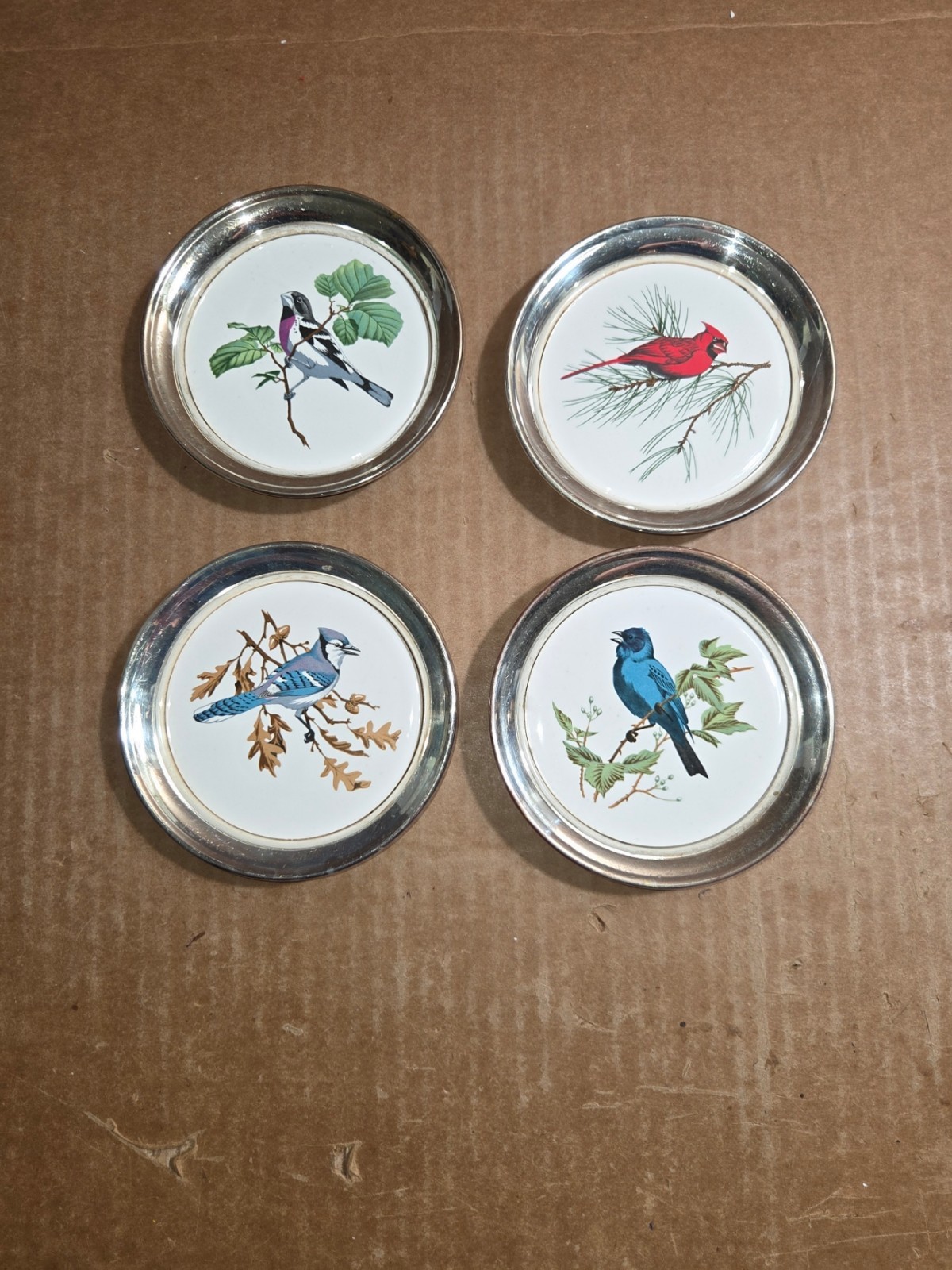 Coasters Sheridan Silver Plate Porcelain Song Birds X4