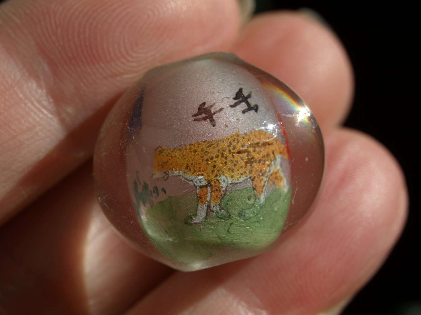 One Large Vintage Chinese Reverse Painted Glass Bead Leopard 20mm Round