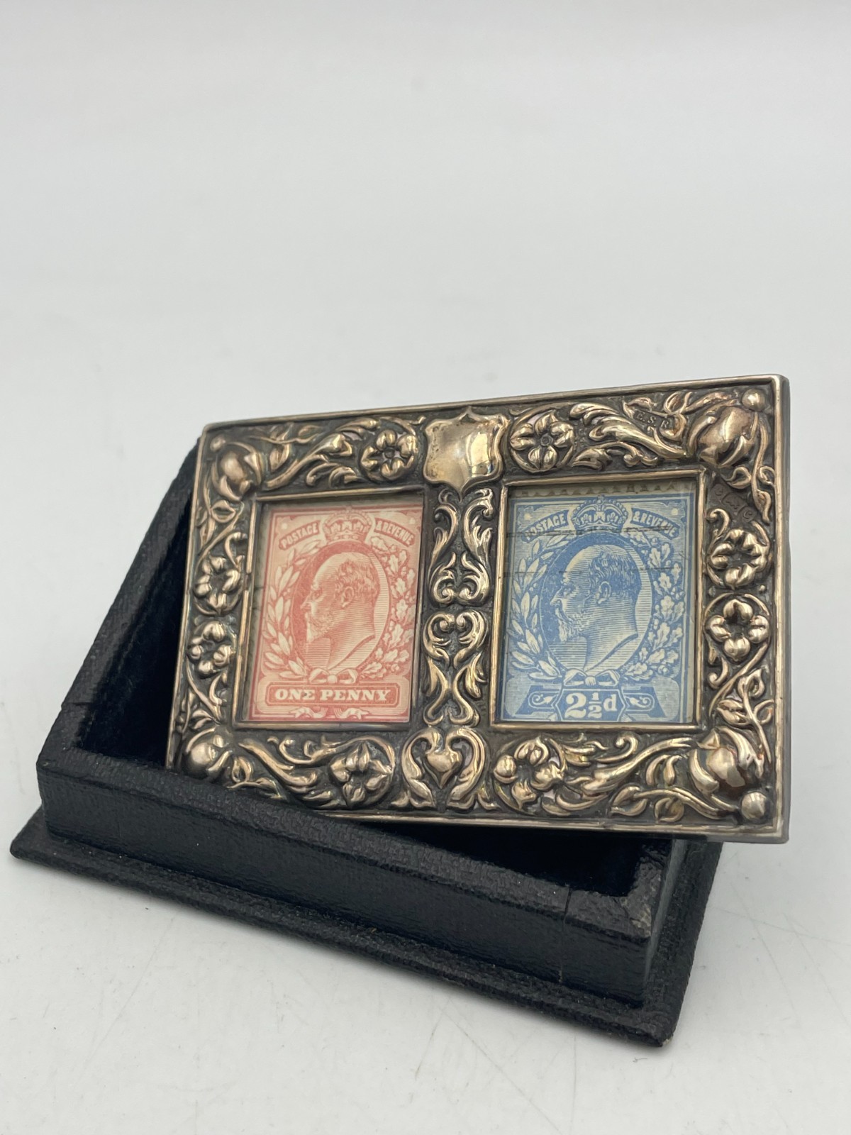 Rare Edwardian Silver & Leather double case Stamp Box
