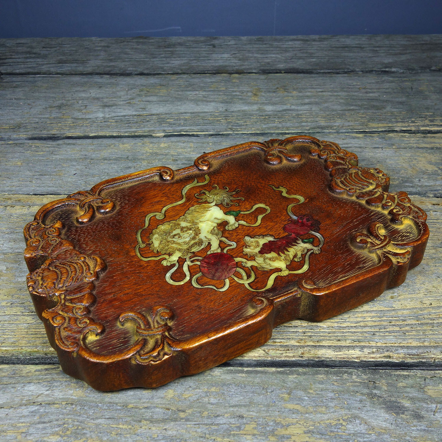 Chinese Old Tibetan Rosewood Inlaid Seashell Tea Plate Collect