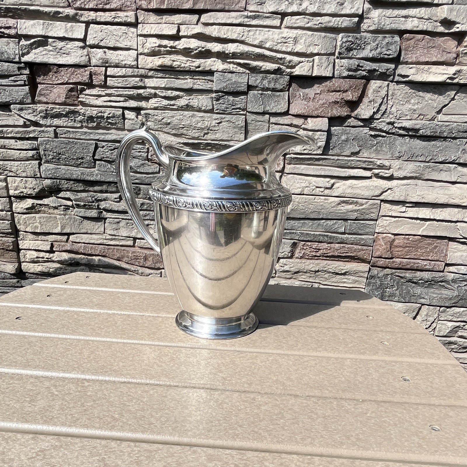 Silverplate Water Pitcher Jug, Ornate Rim & Scroll Handle, Post-1940