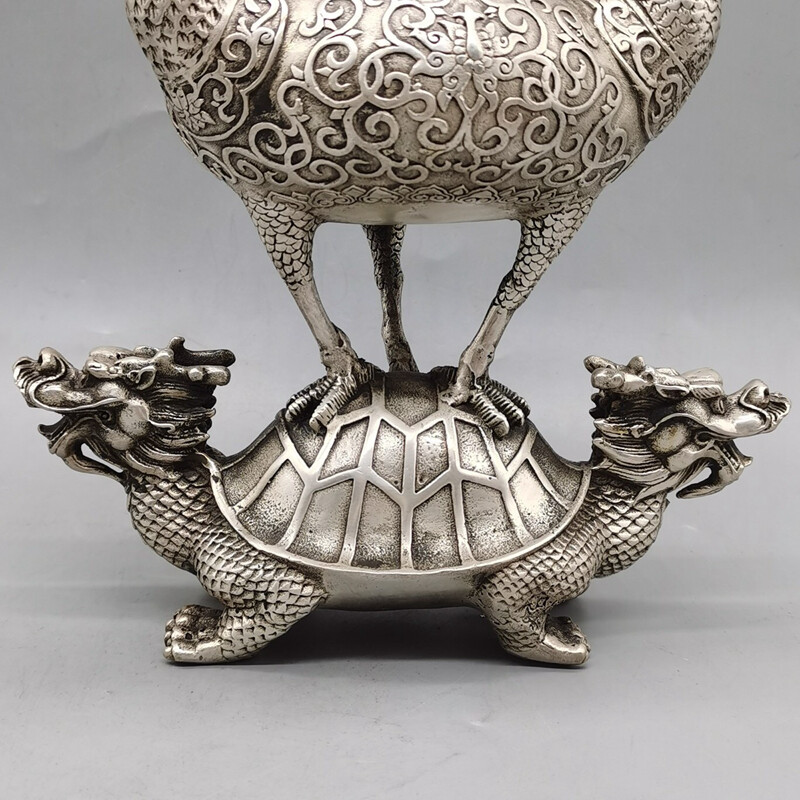 China White Copper Silver Turtle Crane Incense Burner Censer Bronze Statue
