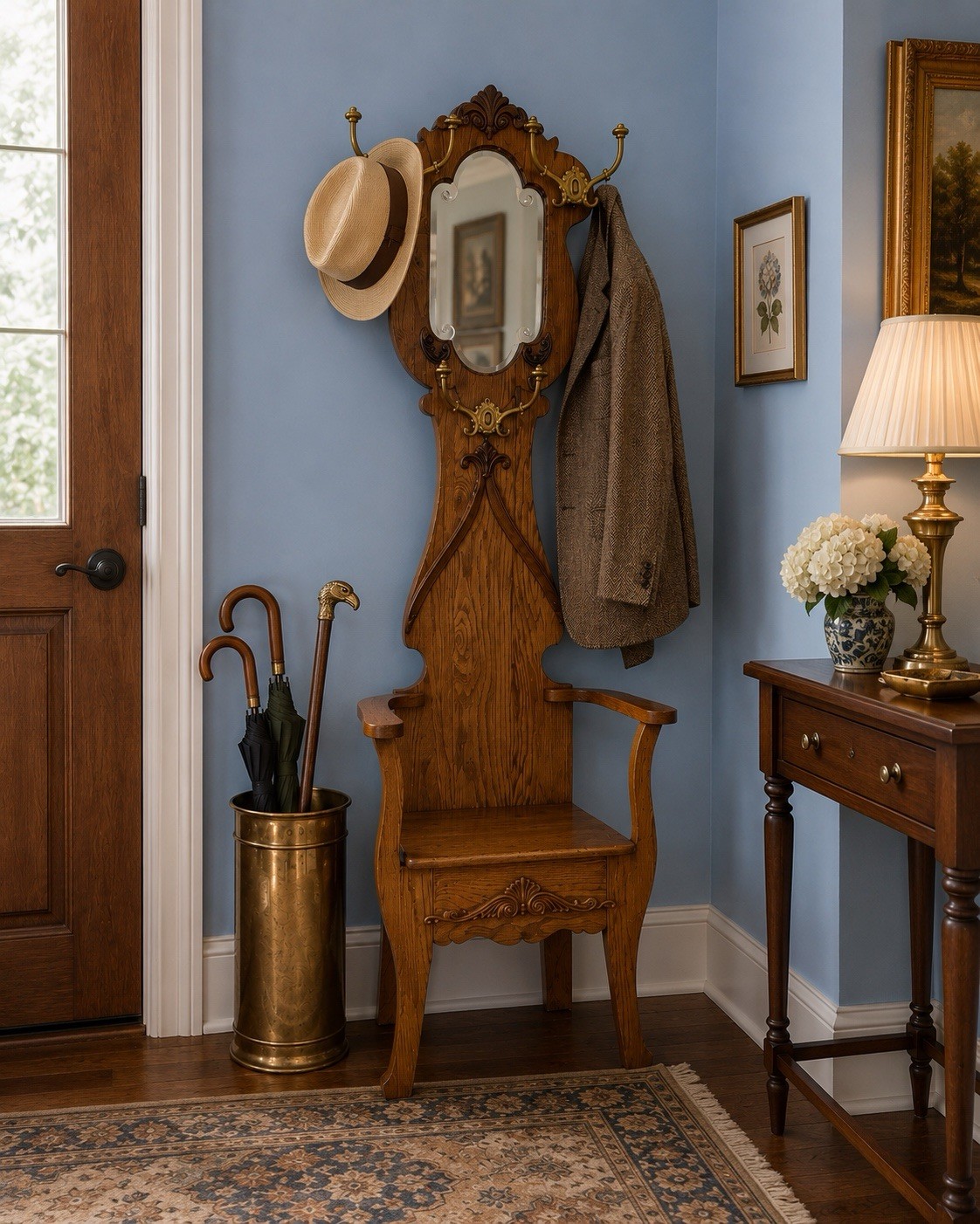 Tiger Oak Hall Tree Seat Tall Narrow Antique Victorian Brass Mirror Quarter Sawn