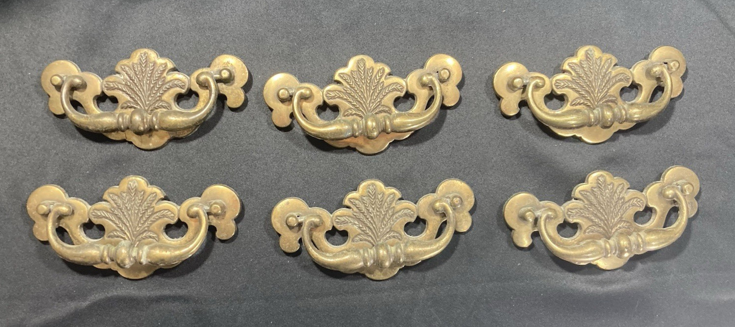 6 Vintage Brass Drawer Handles Wheat Bouquet B-474-0 Drop-Pull 5.5″W 3.5″ OC