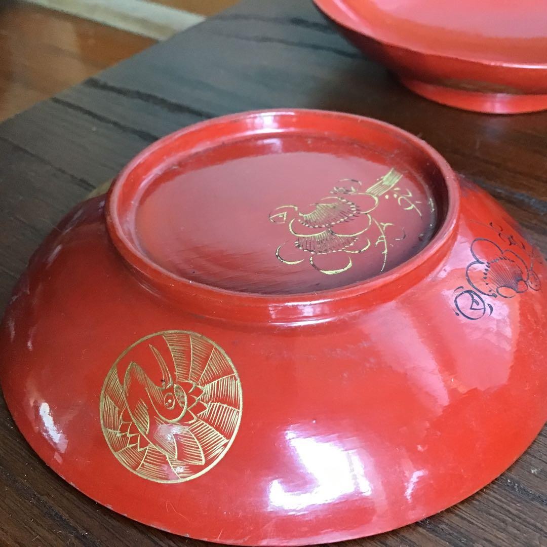 N/A Wajima Lacquer Red Ground Crane Turtle Plum MakiE Soup Bowls 5 Set