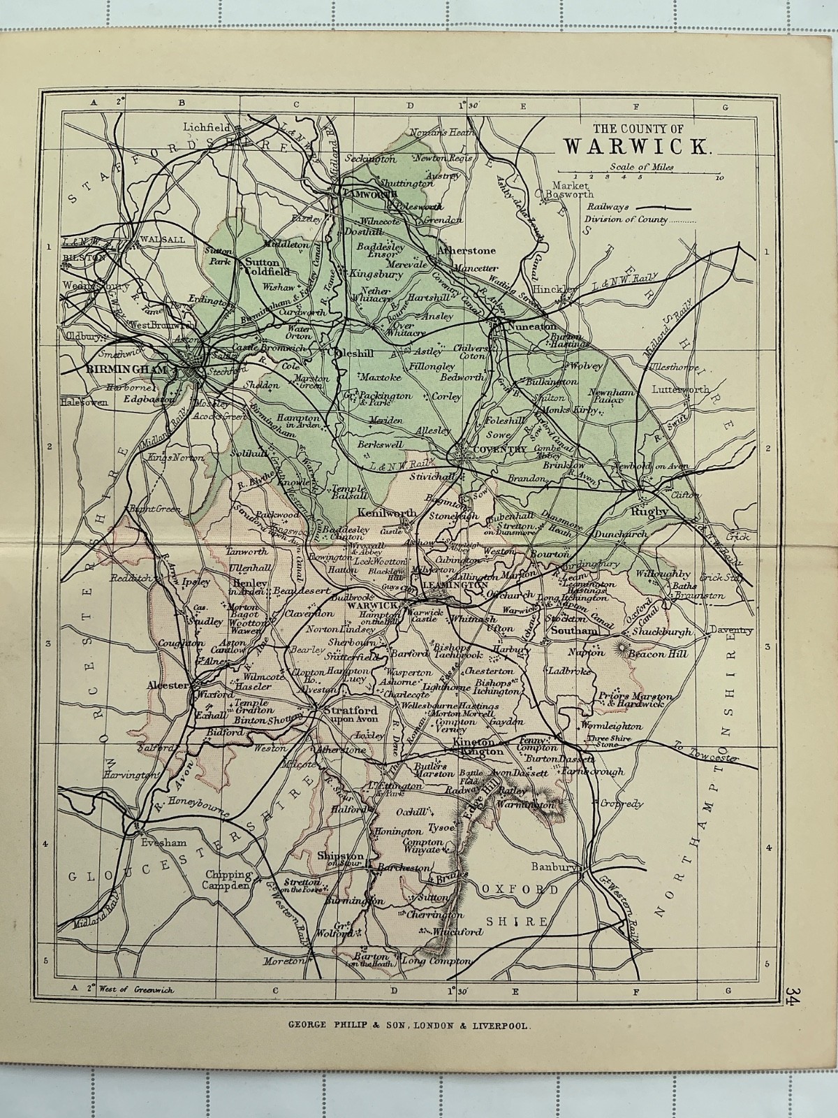 WARWICKSHIRE- 1884 Antique Map Philip Parishes Railways Roads Leamington