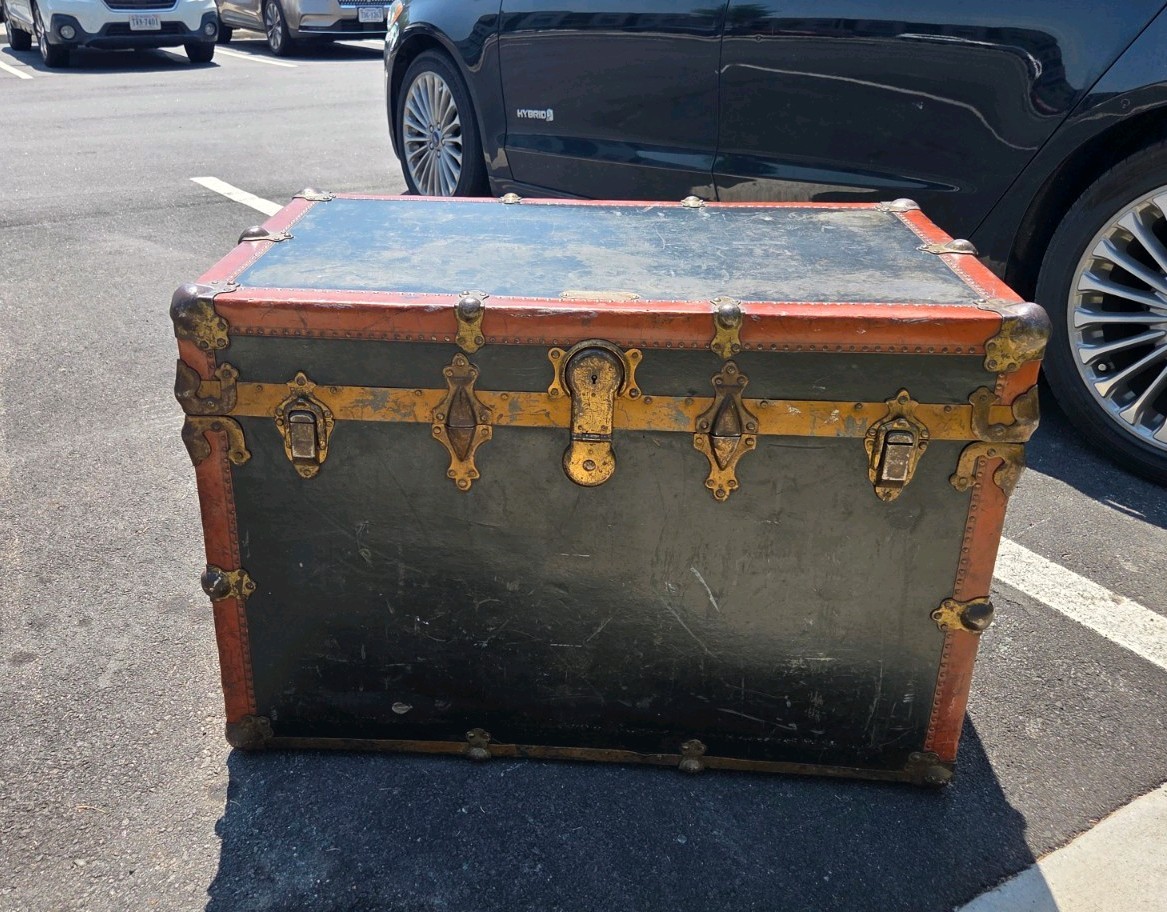 1900s Antique English Black Natural Leather, Brass Steamer Trunk