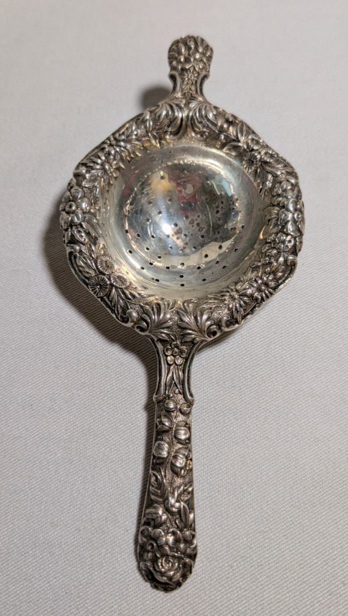 Antique S. Kirk & Son sterling silver tea strainer spoon ornate floral art 6.5″