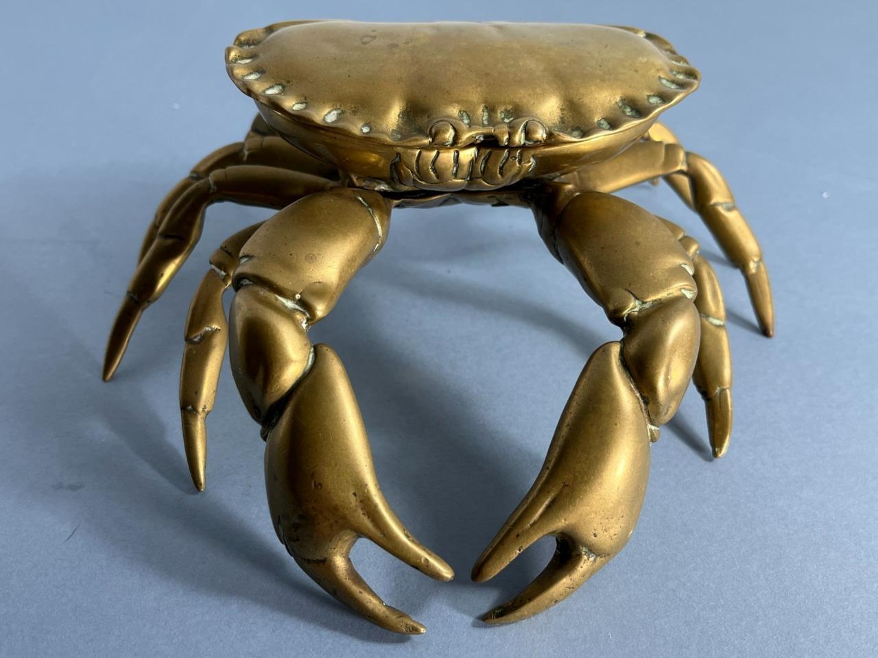 SCARCE UNUSUAL ANTIQUE VICTORIAN BRASS NATURALISTIC CRAB INKWELL & LINER