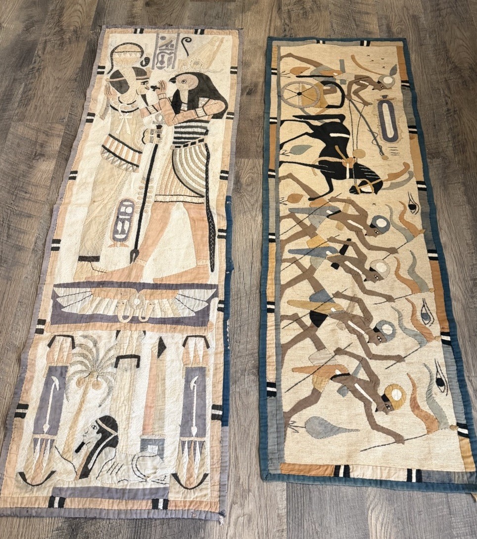 2 19 Century Antique Egyptian Revival Needlework Tapestry Wall Hangin Folk Art