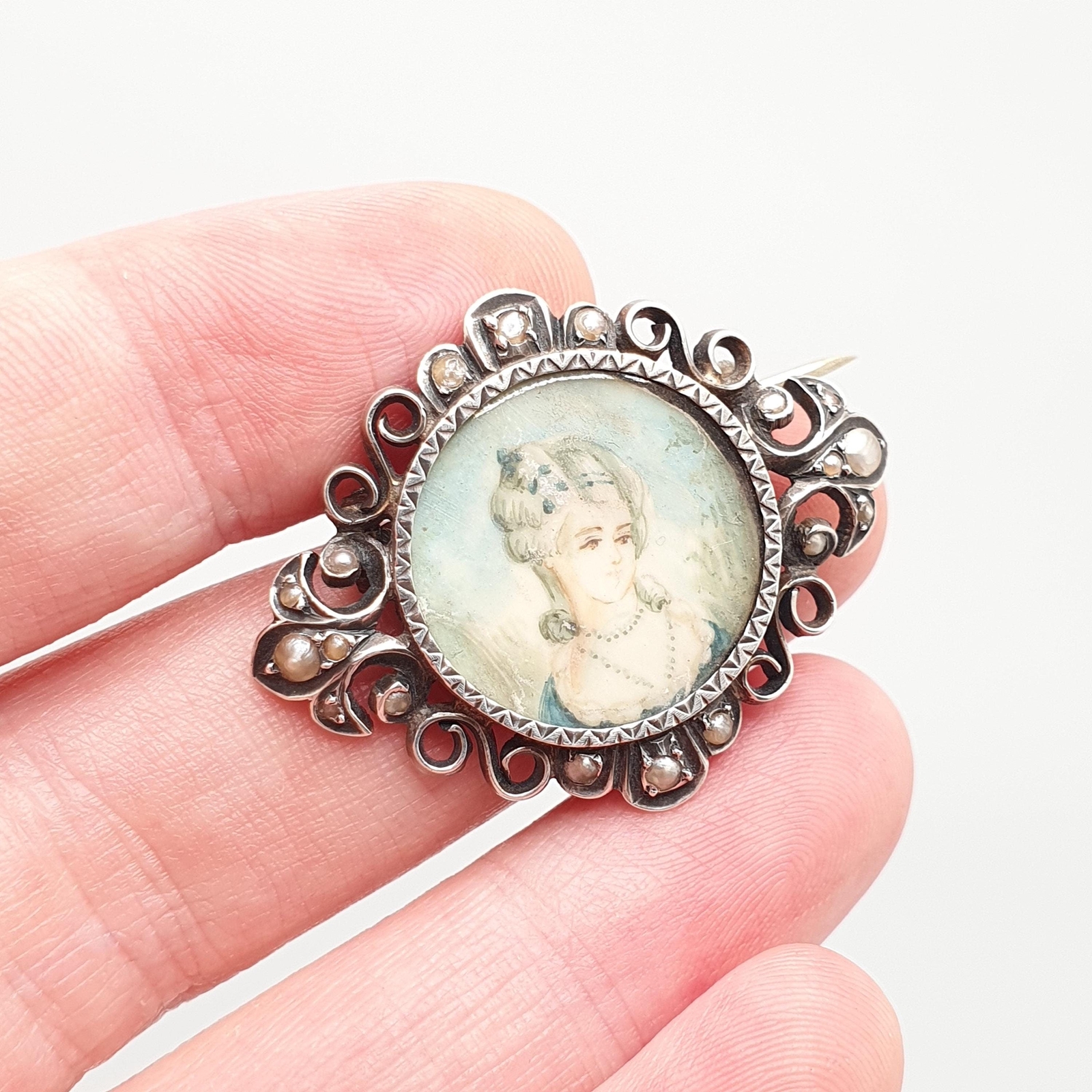 Antique Georgian Solid Silver Miniature Portrait Brooch Seed Pearl Pin Rococo