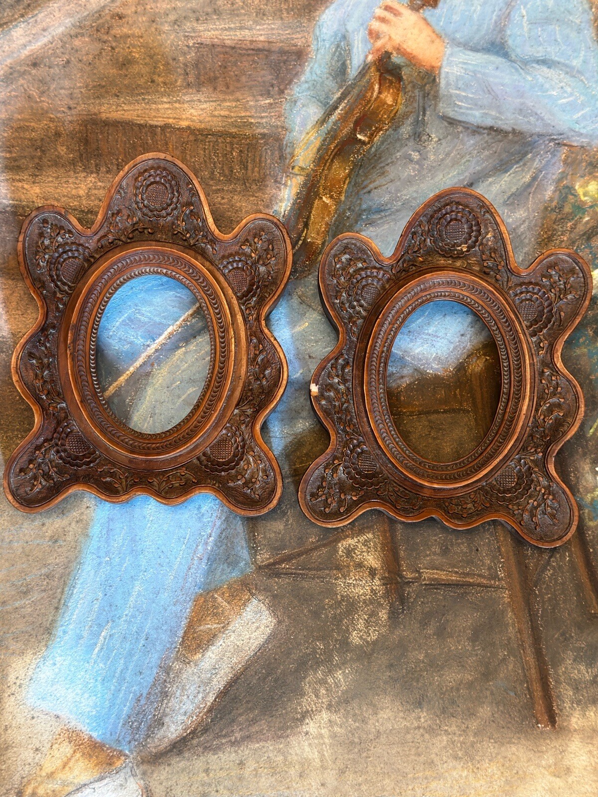 Pair Of Indochina Frames In Wood Finely Carved & 19th Century