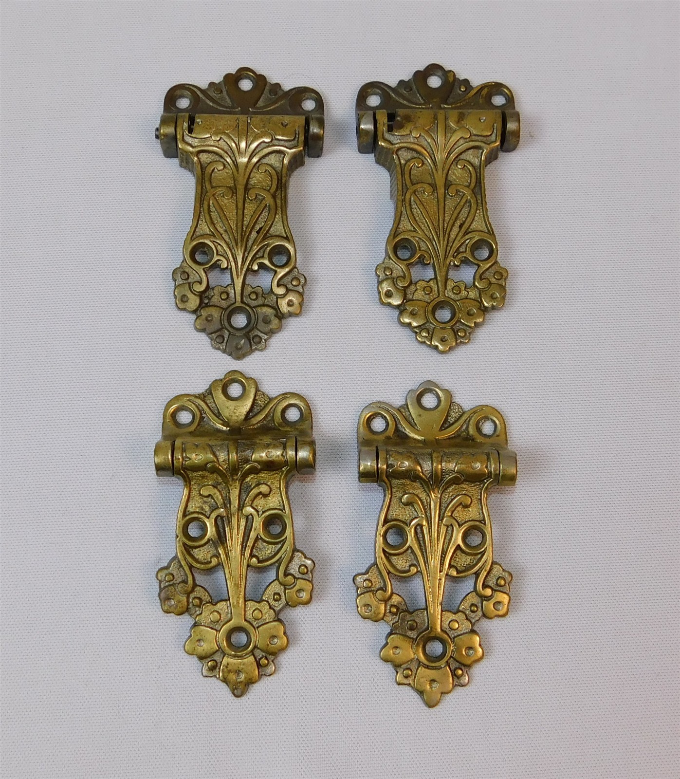 4 Antique Offset Brass Strap Hinges Art Nouveau Cabinet Door Hardware 4.5″