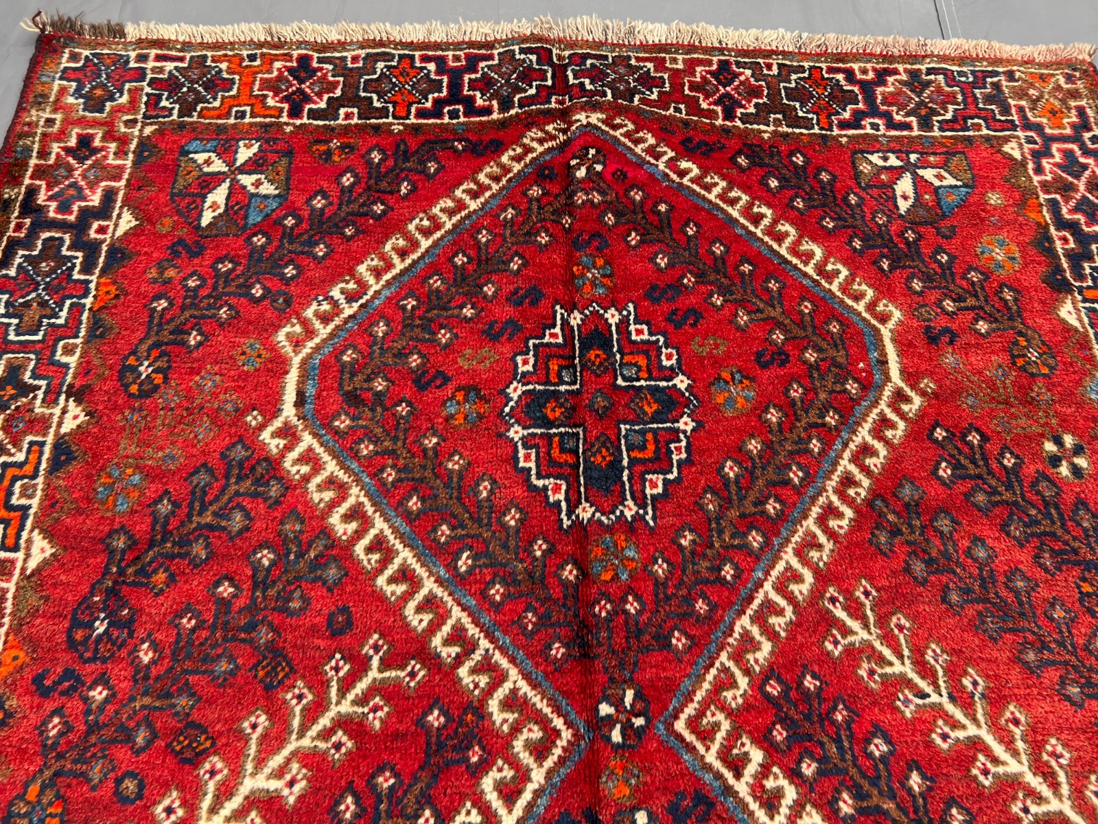 4’1×5’7ft Caucasian Tribal Double Diamond Medallion Handknotted Wool Vintage Rug