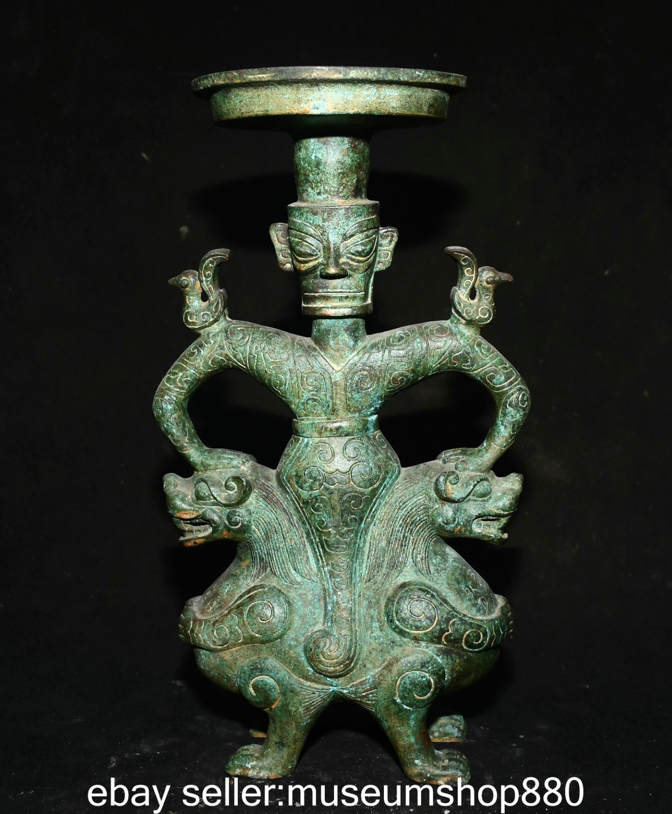 12.8″ Old Chinese Dynasty Bronze Ware People Beast Candle Holder Candlestick