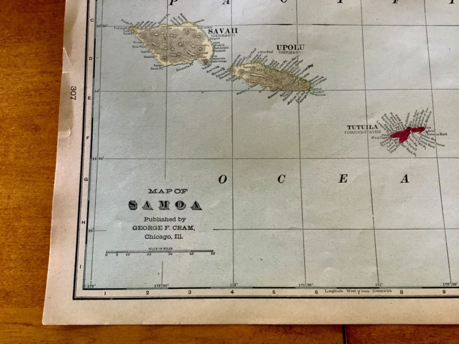 1906 Geo F Cram Color Map of Samoa w/ partitioned islands Germany and US
