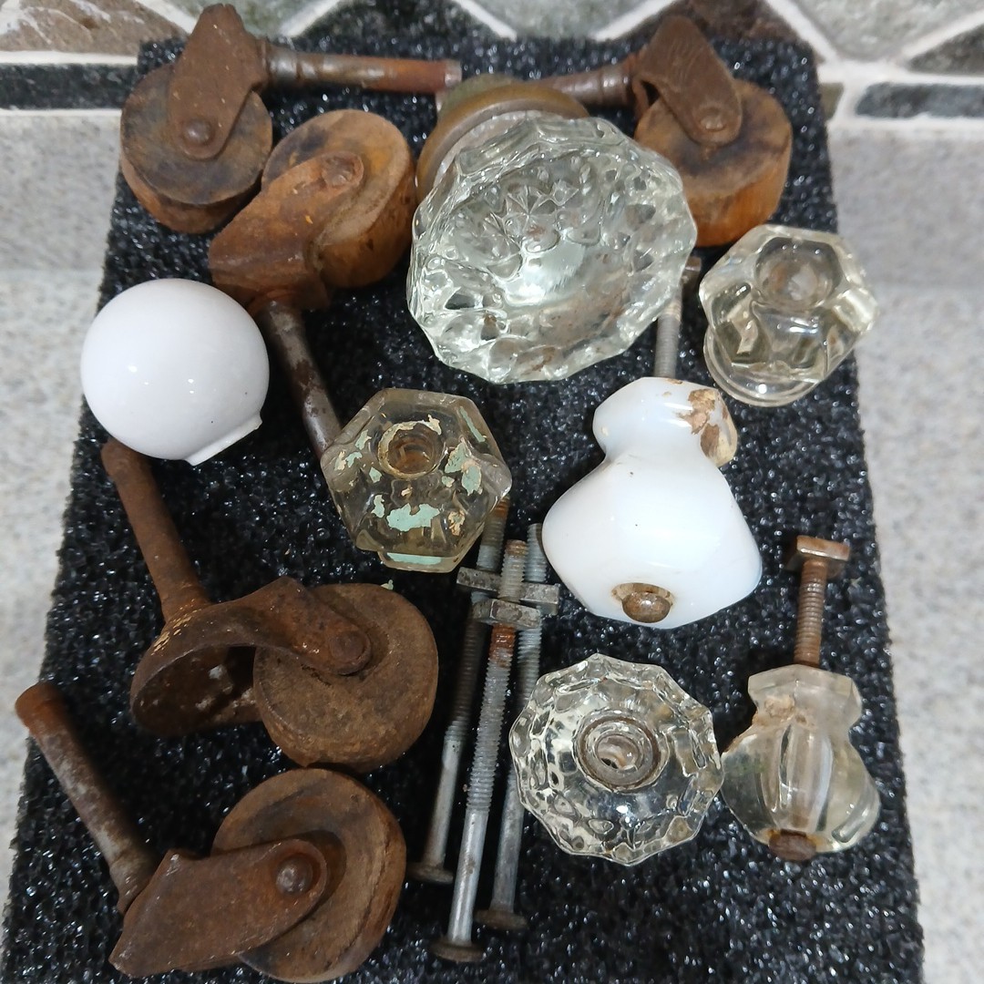 Lot Of Antique Glass Drawer Pulls, Knows, Door Knob, Wooden Casters, Porcelain