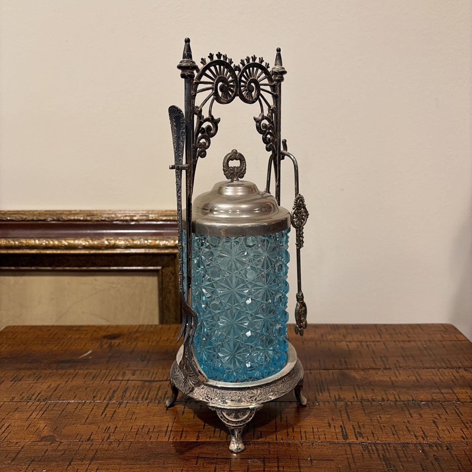 Antique Victorian Pickle Castor W/ Tongs Fork Textured Glass Blue READ DESC