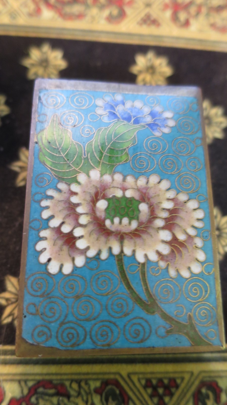 Antique Chinese Cloisonné Enamel & Bronze Matchbox Holder Botanical