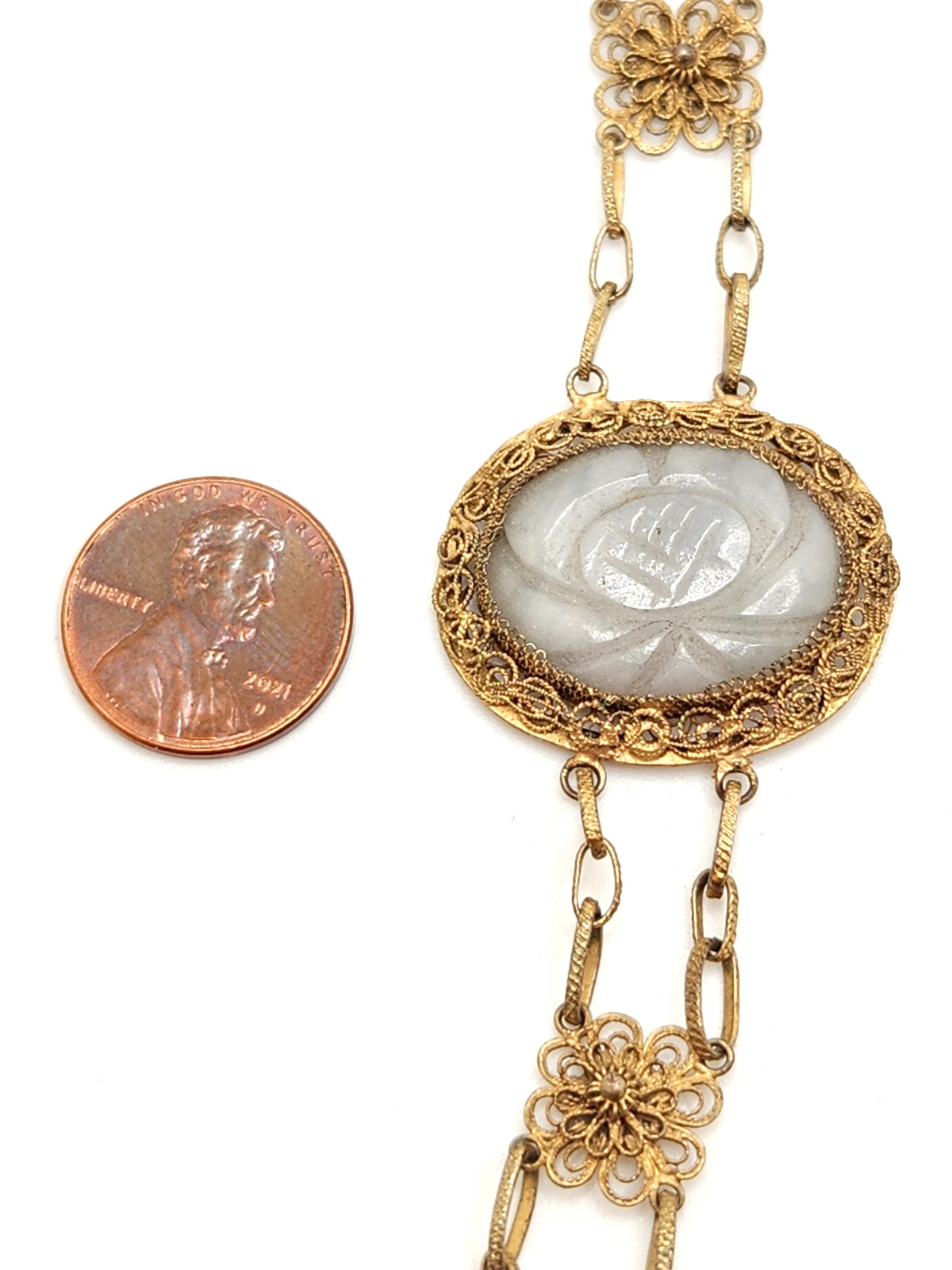 Vintage Chinese Gilt Metal Filigree Floral Carved Green Stone Link Bracelet, 7″