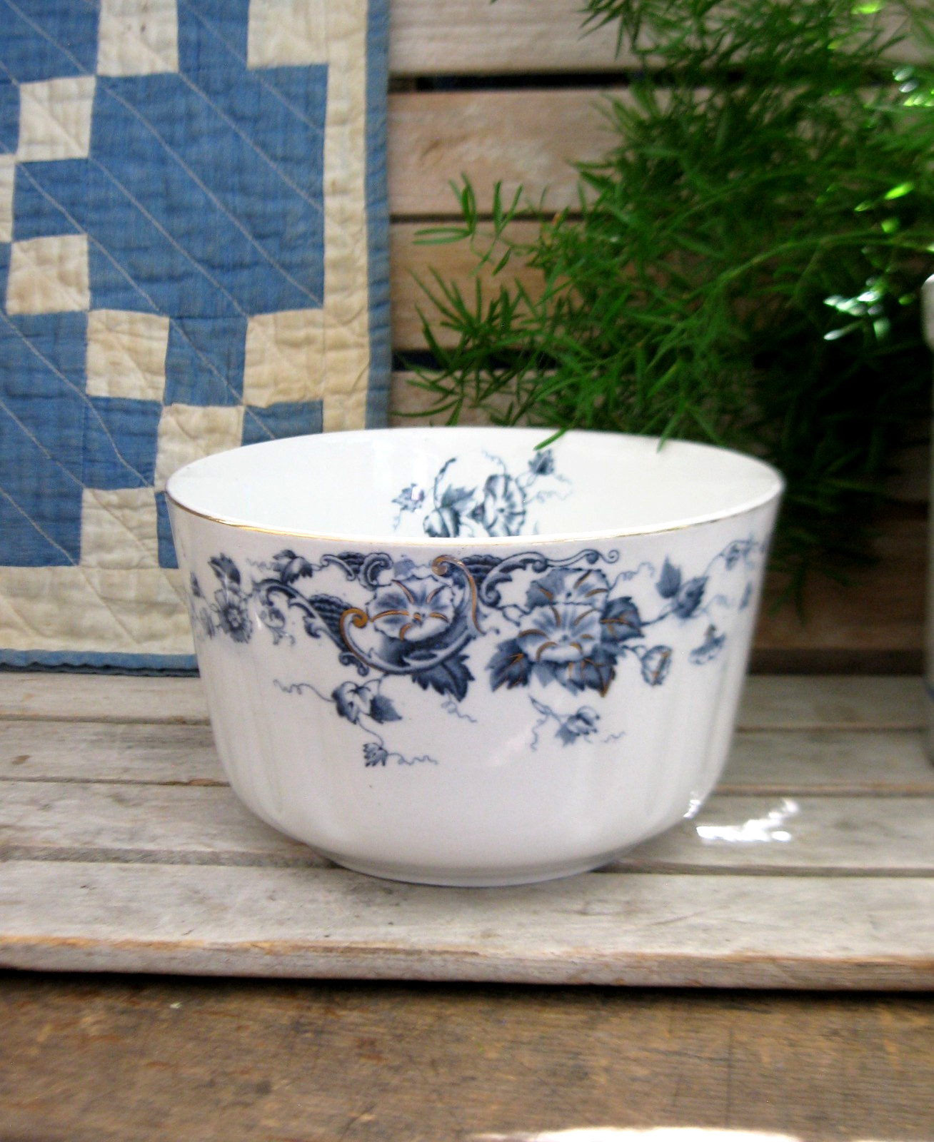 Antique Wedgewood Ironstone Bowl Blue Morning Glories