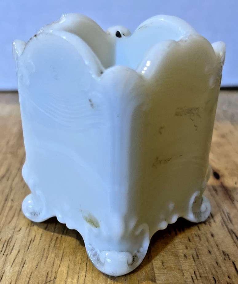 ANTIQUE Cream GILLINDER & SONS Milk Glass Square Ornate TOOTHPICK / Match Holder