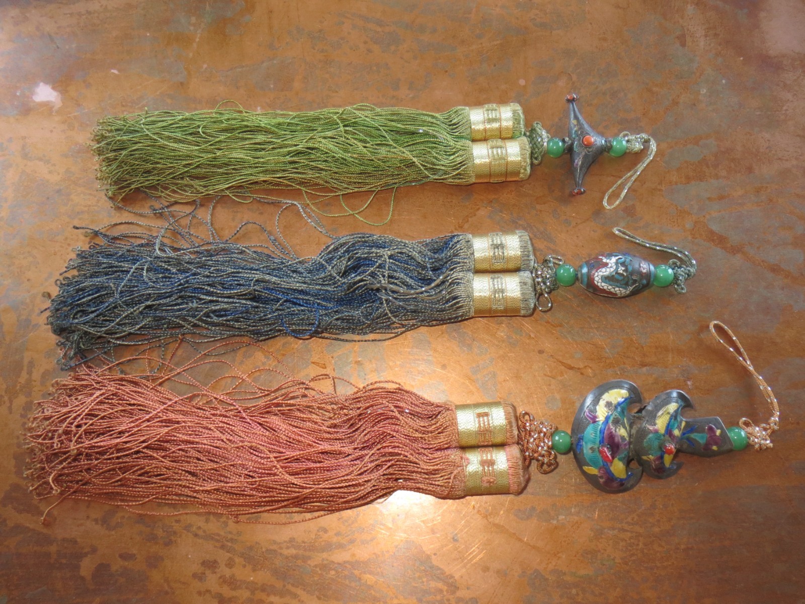Antique Collection of Chinese Silver & Silk Tassels w Jade Beads 12″