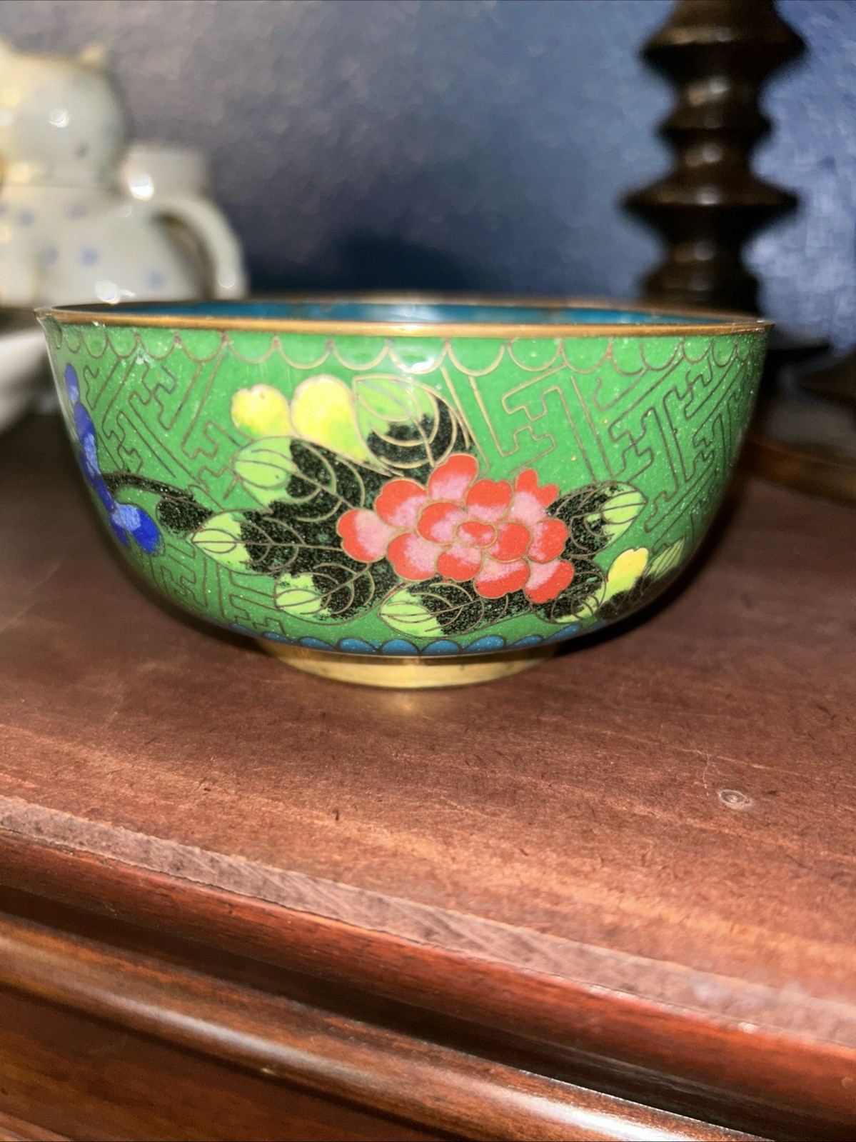 Vintag Charming Chinese Cloisonee Enamel Copper or Brass Bowl 4″ Handmade Lotus