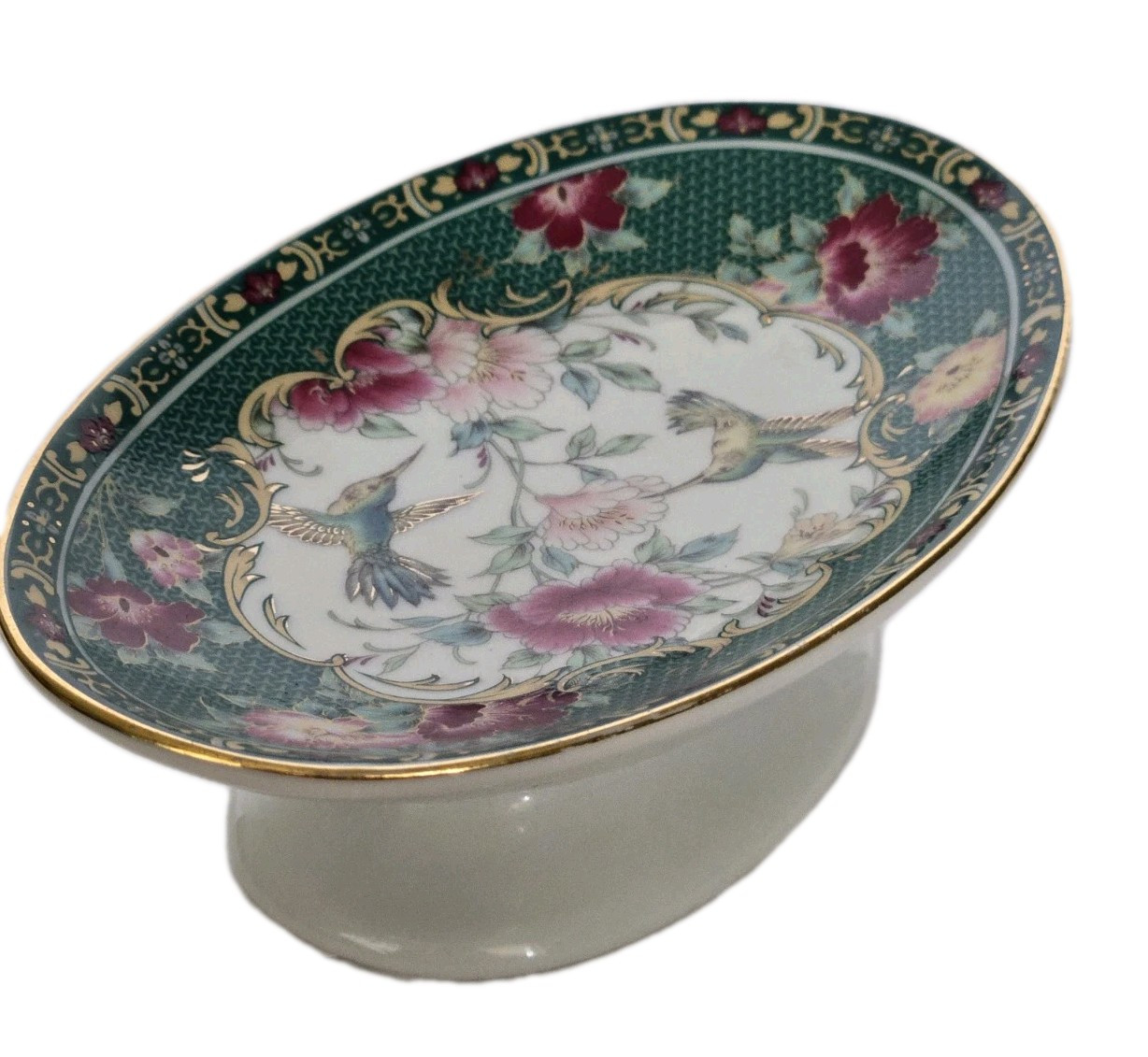Vintage Japanese Hummingbird Pedestal Soap Trinket Jewelry Dish Floral Gold Trim