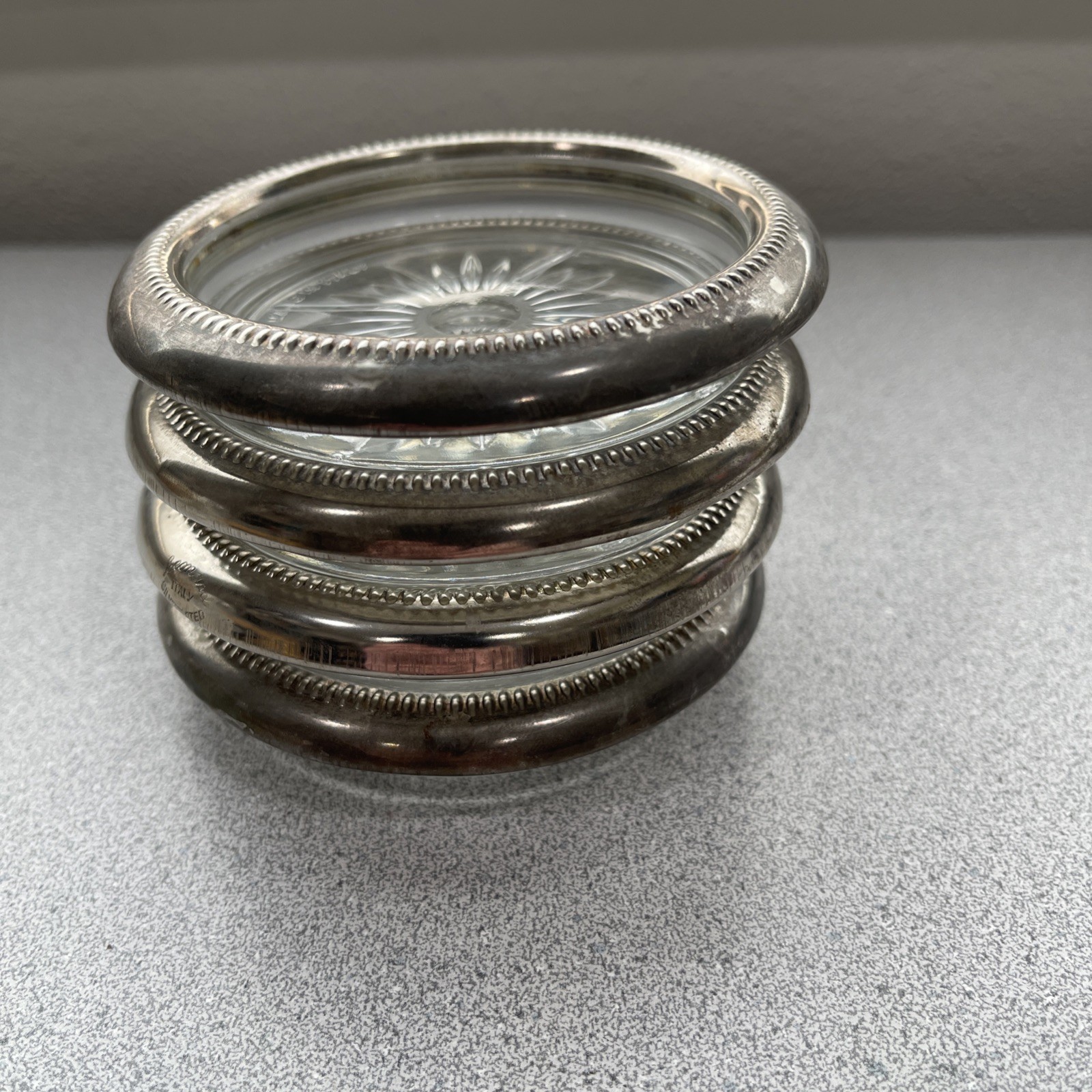 Vintage Italian Silver plate And Glass Coasters Set Of 4
