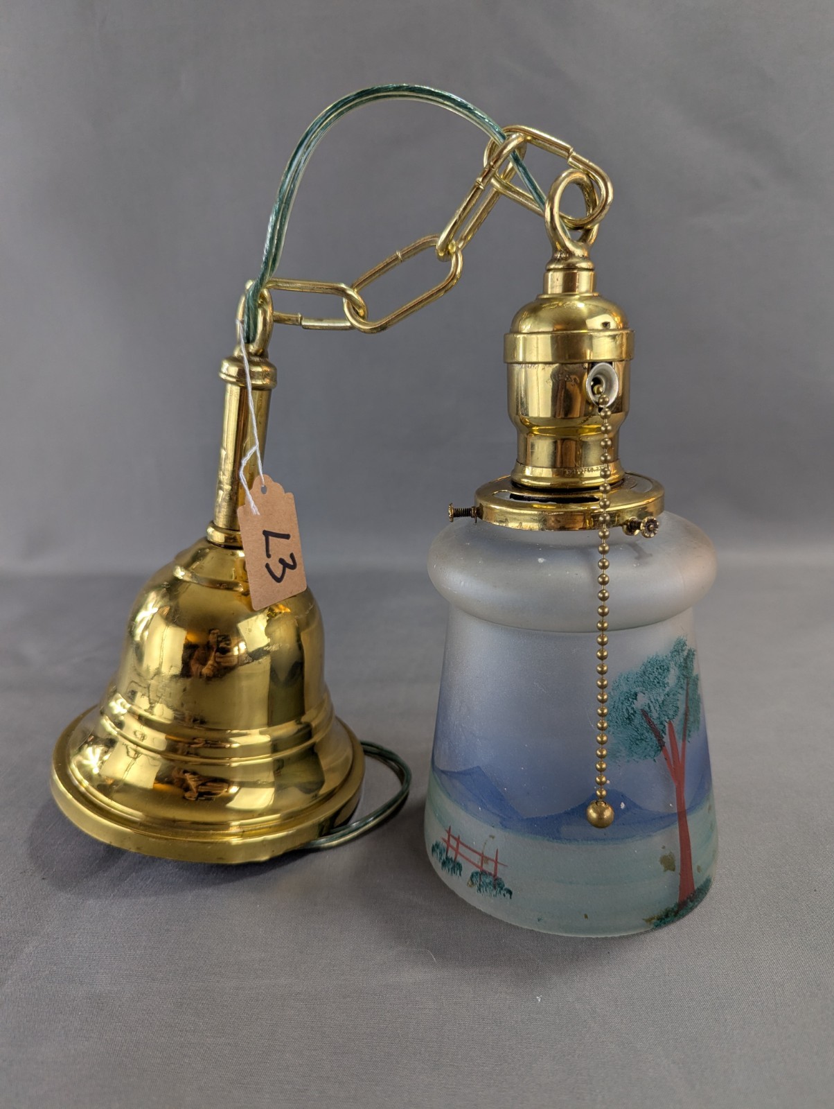 Antique Brass Hanging Pendant Light Fixture Hand Painted Glass Shade Rewired L3