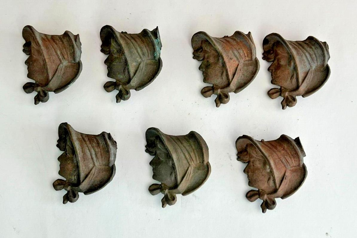 Lot Of 7 Antique Solid Brass Girl w/Bonnet Architectural Salvage Embellishment