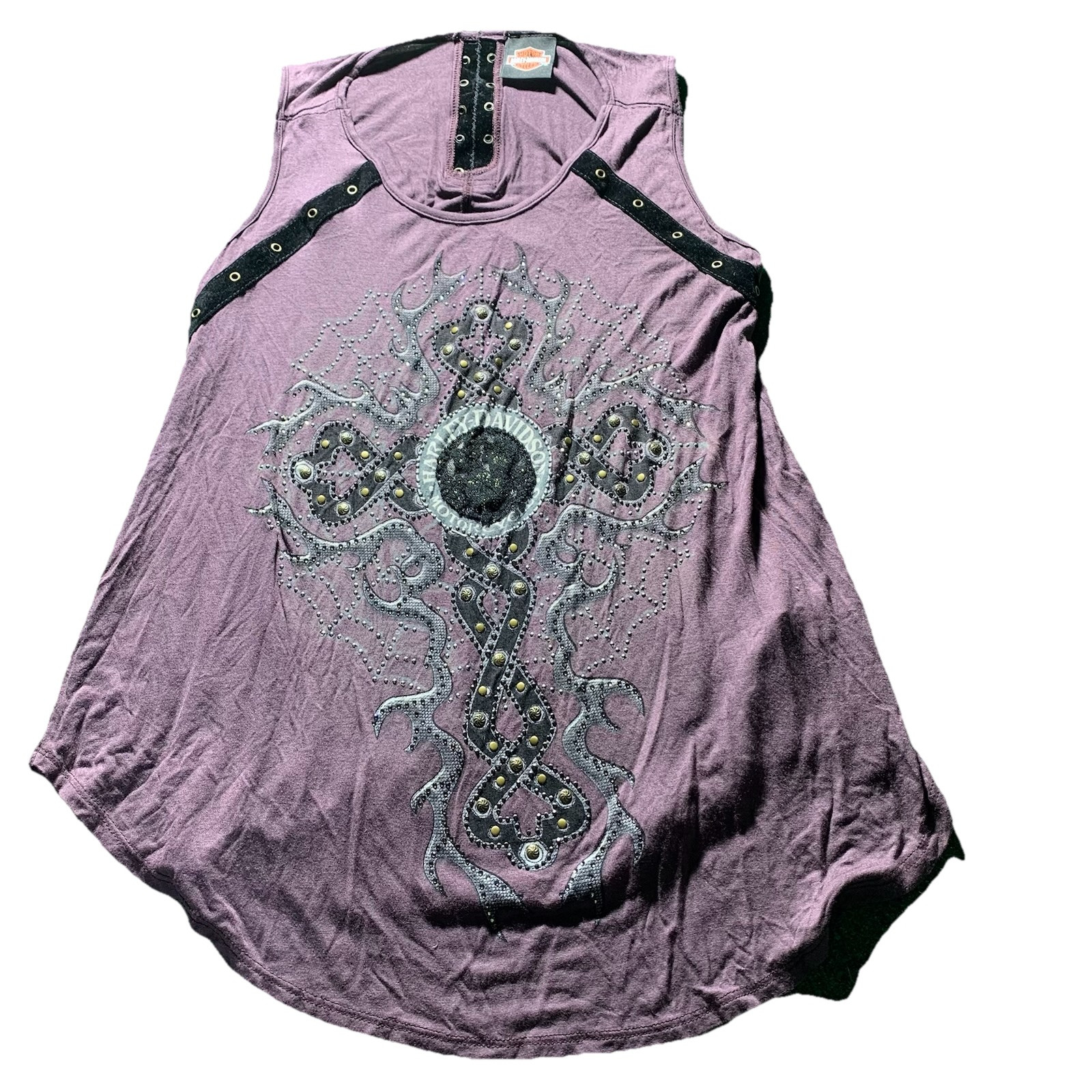 Woman Harley Davidson Tank Top XL Purple Cross Metal Velvet Festival Shirt