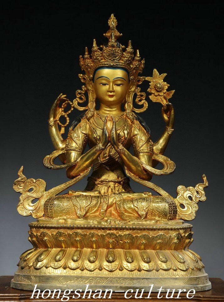 19.6” Old Nepal Purple Bronze Gold 4 Arms White Tara Mahayana Buddha Statue