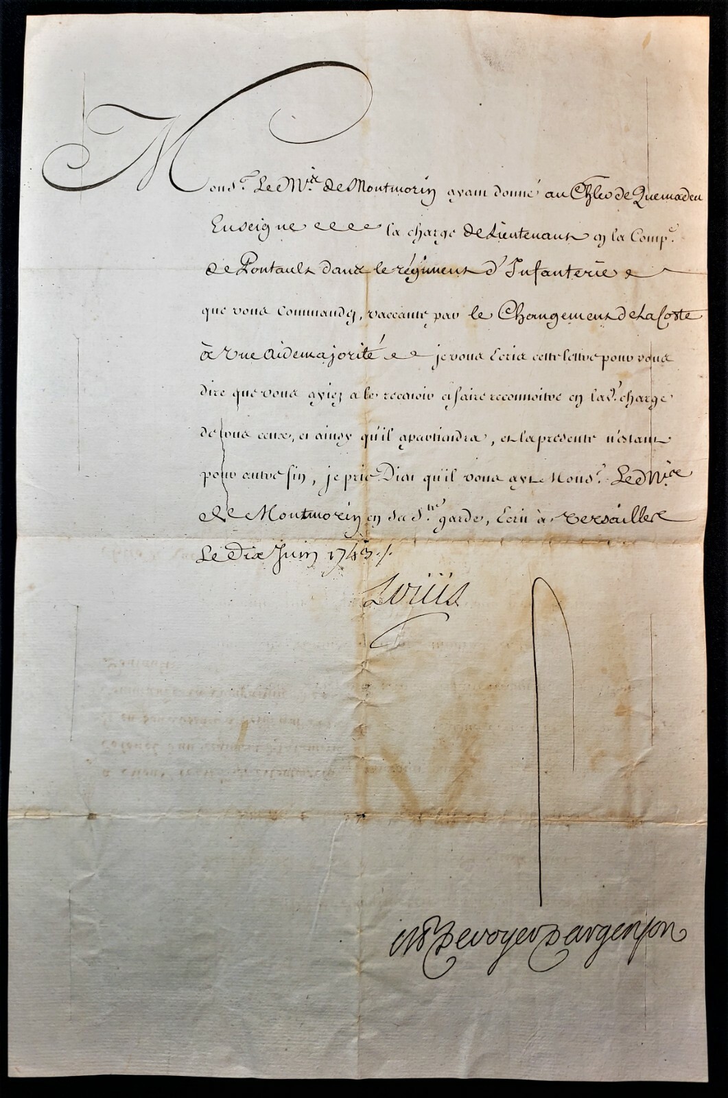 LOUIS XV SIGNED APPOINTMENT OF KNIGHT QUEMADEU IN THE INFANTRY REGIMENT – 1743