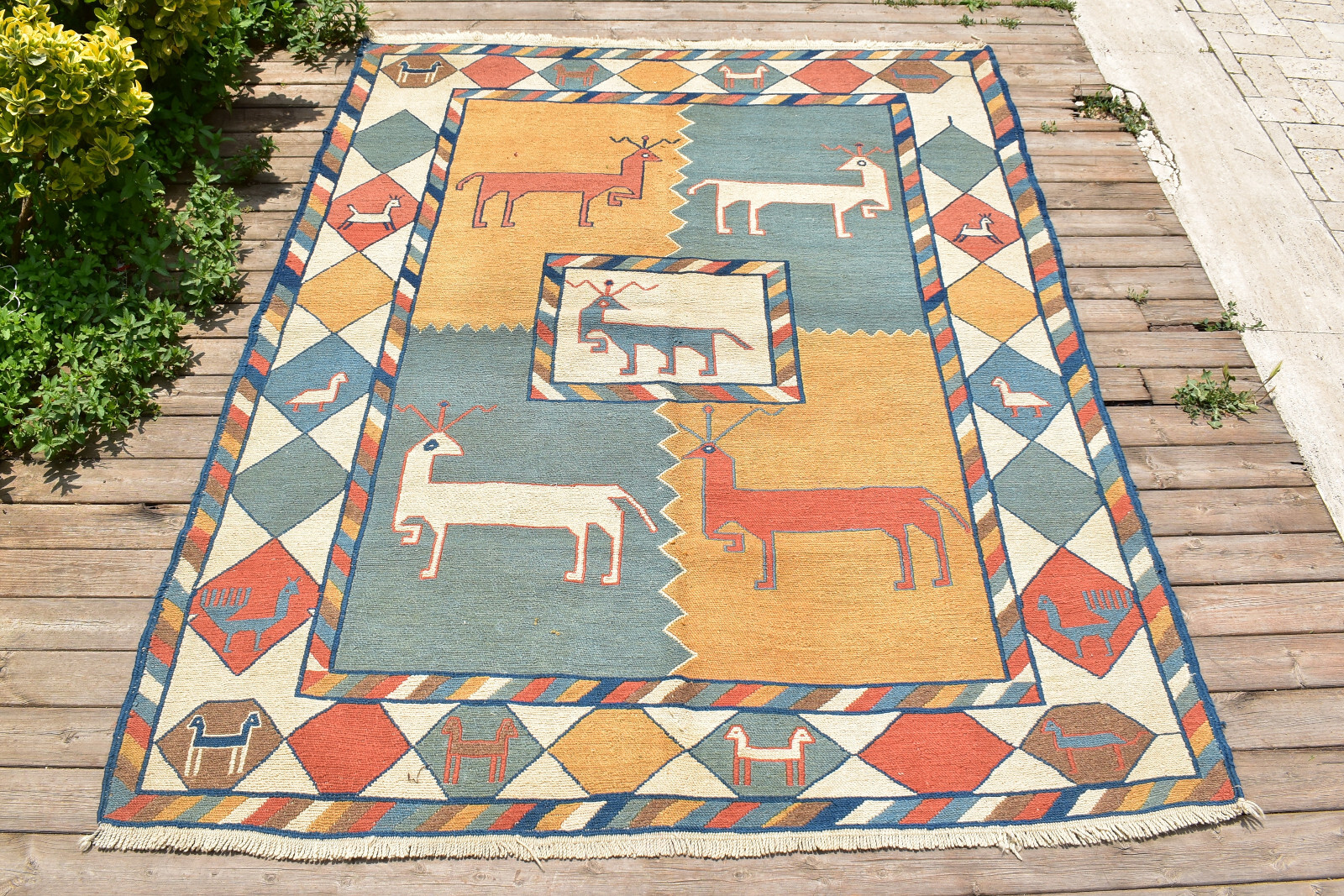 Turkish Kilim 59”x75” Special Production Sumak Kilim 151x192cm Natural Wool
