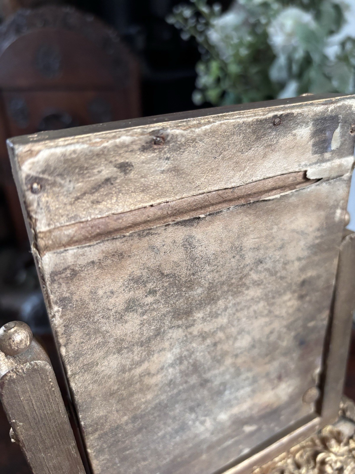 Antique Gold Gesso Photo Frame Mirror • Ornate Wooden Tabletop Vanity c1900/1920