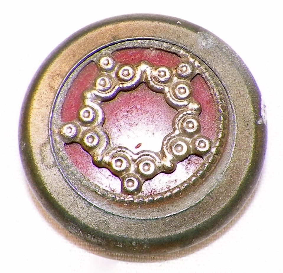 Steel & Red Celluloid Button Wreath Design Self Shank Antique #28