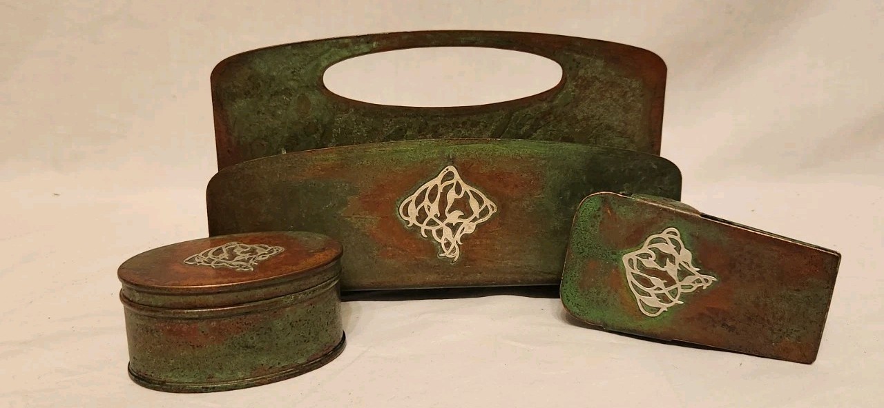 3 Piece Desk Set Sterling Over Bronze W/Green Patina Heintz Arts & Crafts Style