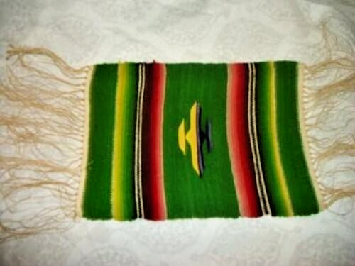Antique Saltillo Serape Wool Doily Fringed Traditional Green 1930s Thunderbird