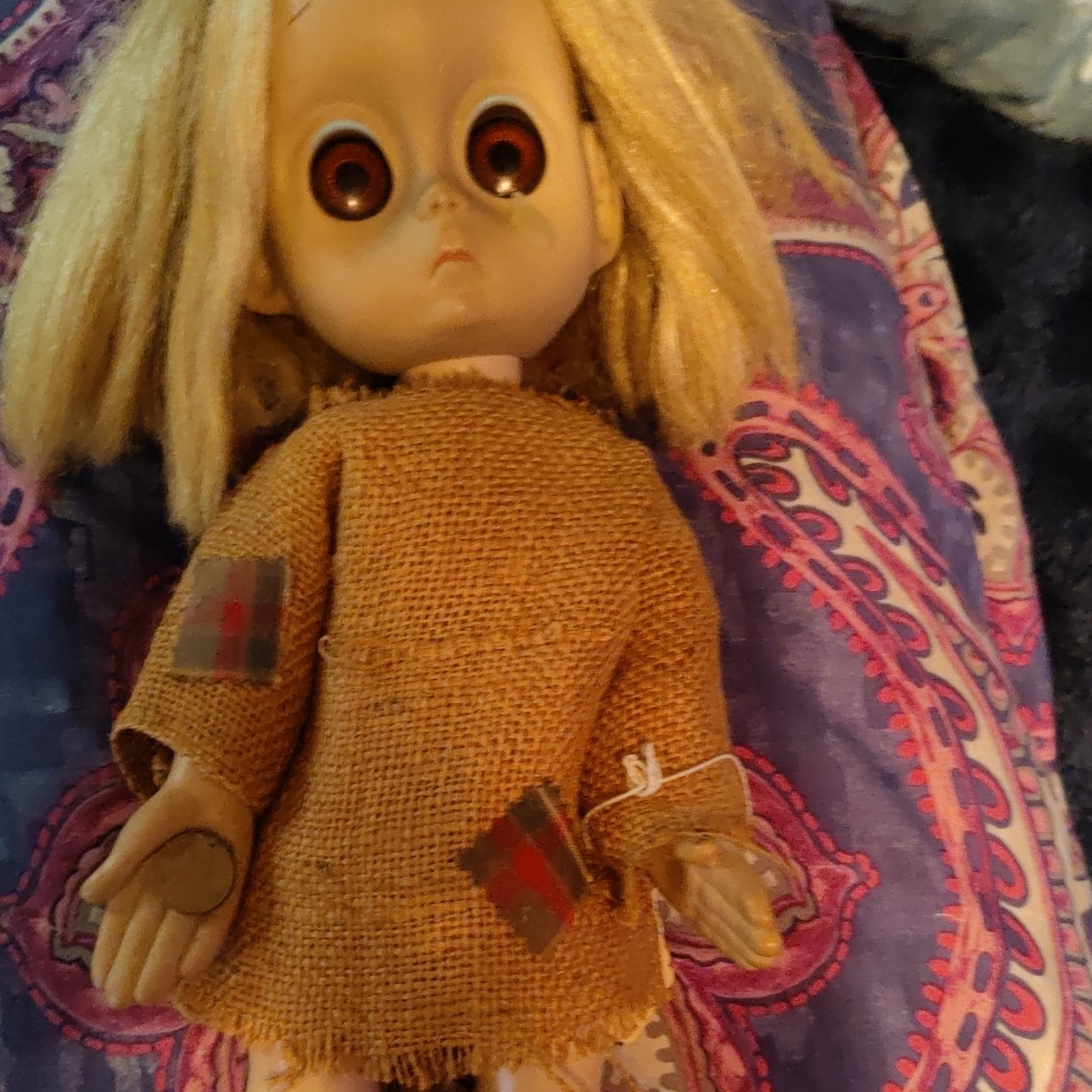 Blonde Girl Play Doll Brown Eyes Removable Burlap Outfit