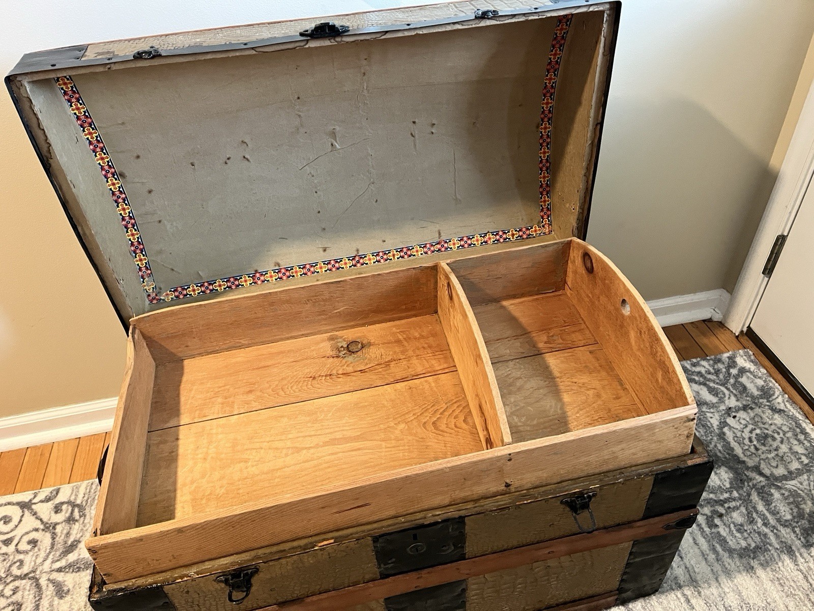Antique Camelback Steamer Trunk – Alligator, Tin Corners & Wood Banding