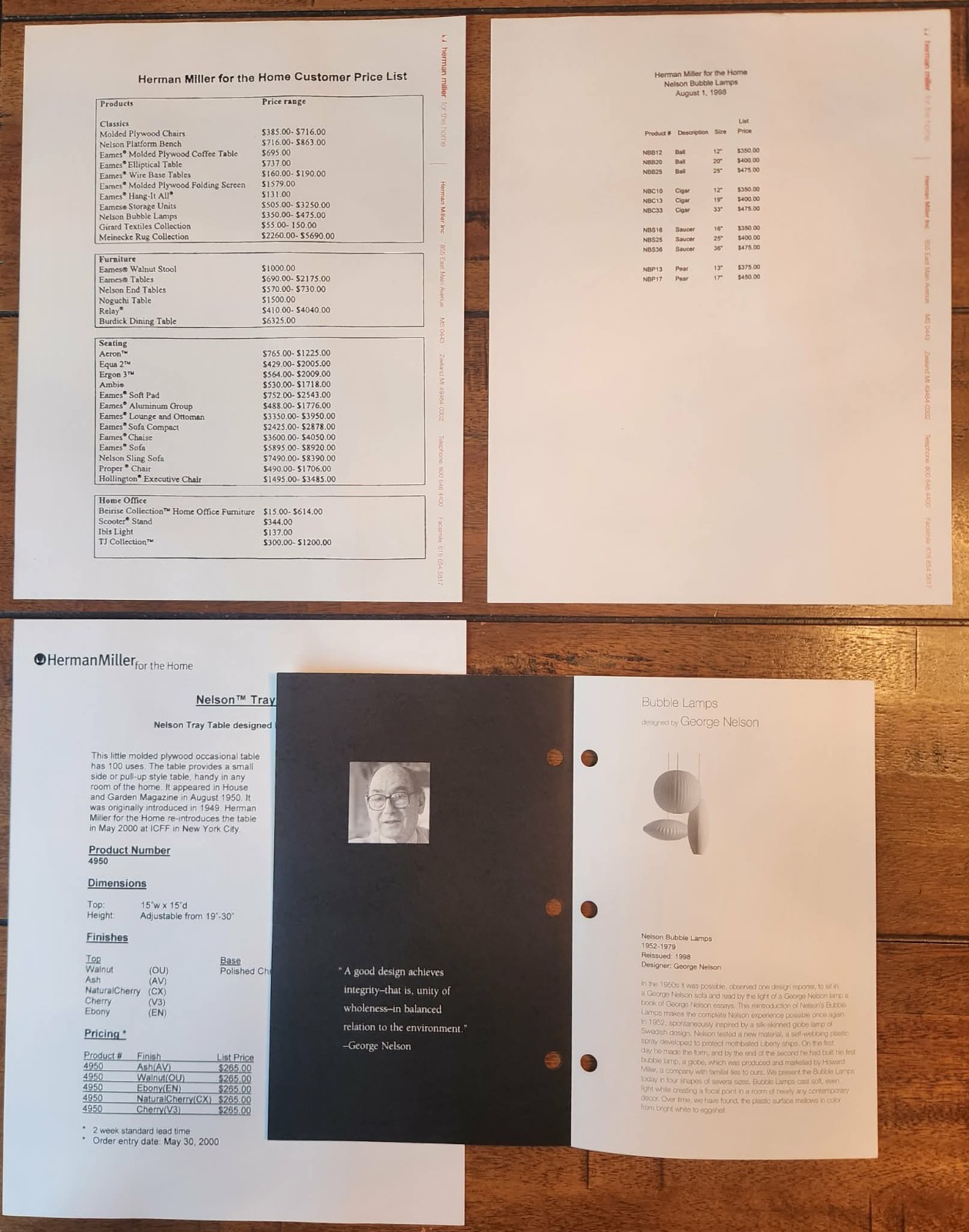 Herman Miller 1998 George Nelson Bubble Lamp & Tray Table Brochures VTG MCM