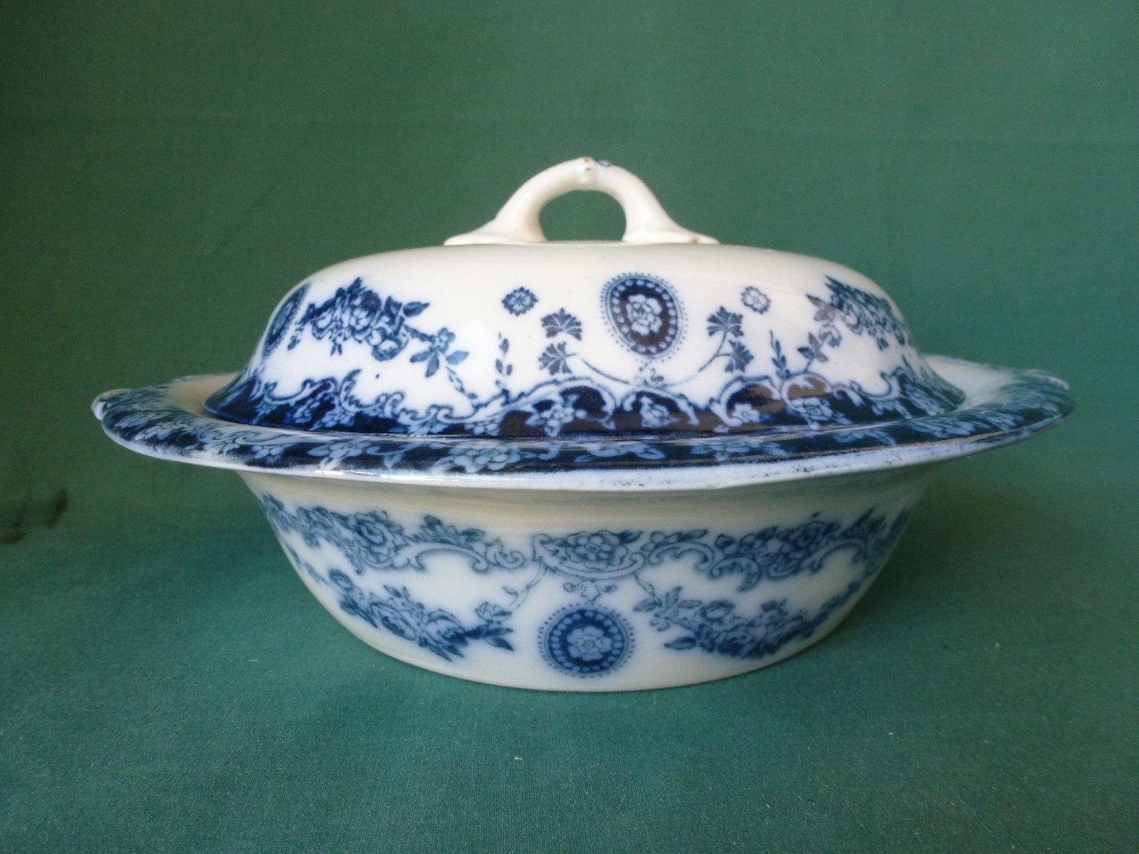 Antique Savoy Stoke on Trent England Flow Blue Covered Vegetable Bowl