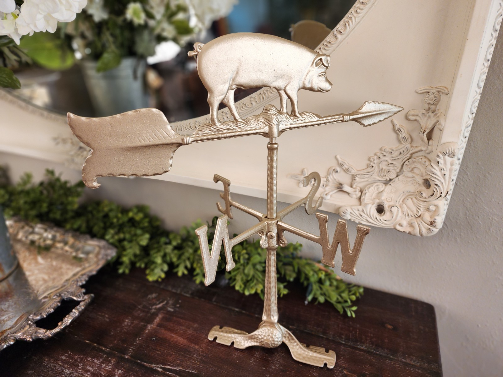 Fancy Vintage Gilt Cast Metal Pig Weather Vane Adjustable Mount Farmhouse Decor