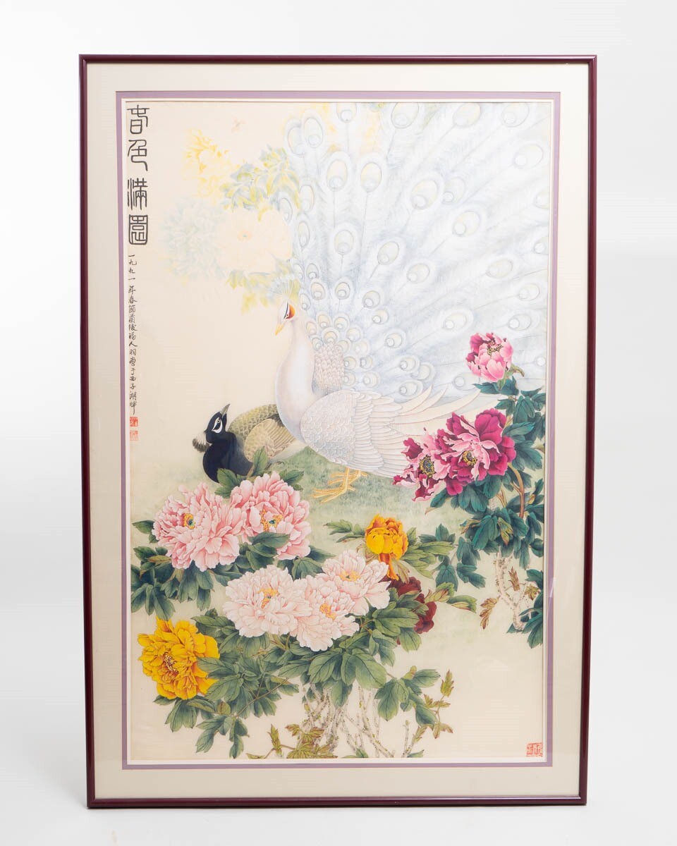Large Chinese Silk Painting White & Black Peacocks & Peonies 31″ Wide x 49″ Tall
