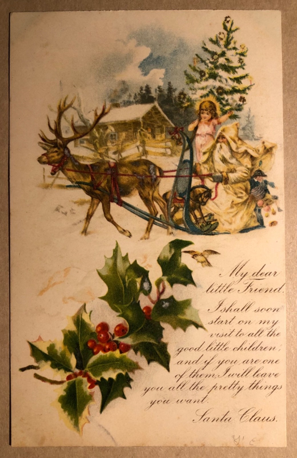 Santa Claus in White Robe Sleigh with Angel Child Christmas Postcard